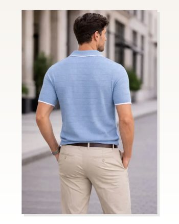 Erkek Günlük Stil Bebek Mavisi Triko Kumaş Yakalı Düğmesiz Açık Yaka Fitilli Kısa Kollu Tişört Regular Fit