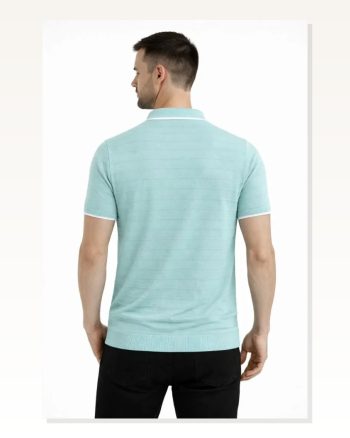 Erkek Günlük Stil Mint Yeşili Triko Kumaş Yakalı Düğmesiz Açık Yaka Fitilli Kısa Kollu Tişört Regular Fit