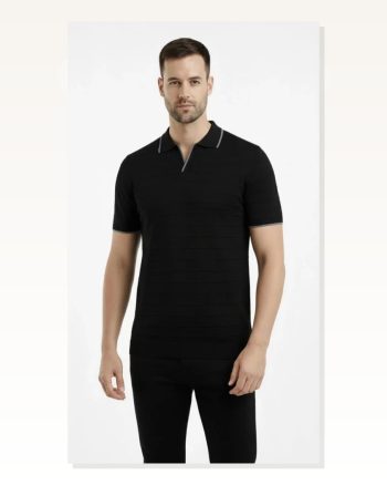 Erkek Günlük Stil Siyah Triko Kumaş Yakalı Düğmesiz Açık Yaka Fitilli Kısa Kollu Tişört Regular Fit