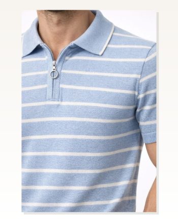 Erkek Günlük Stil Bebek Mavisi Triko Polo Yaka Fermuarlı Çizgili Yazlık Şık Tişört