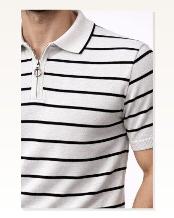Erkek Günlük Stil Beyaz Triko Polo Yaka Fermuarlı Çizgili Yazlık Şık Tişört