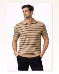 Erkek Triko Polo Yaka Fermuarlı Çizgili Tişört T-shirt Yazlık Şık Kahverengi
