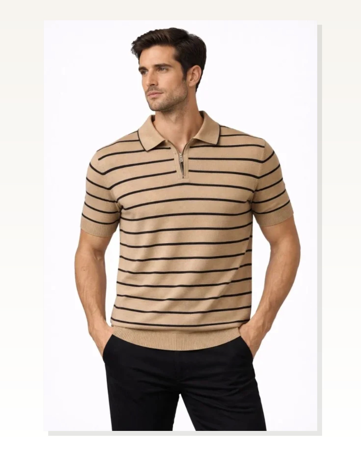 Erkek Triko Polo Yaka Fermuarlı Çizgili Tişört T-Shirt Yazlık Şık - Kahverengi Marketplace blank