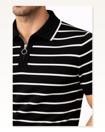 Erkek Günlük Stil Siyah Triko Polo Yaka Fermuarlı Çizgili Yazlık Şık Tişört