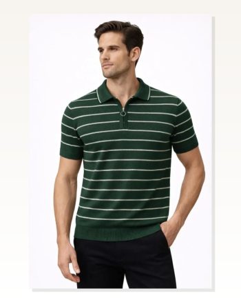 Erkek Triko Polo Yaka Fermuarlı Çizgili Tişört T-shirt Yazlık Şık Yeşil