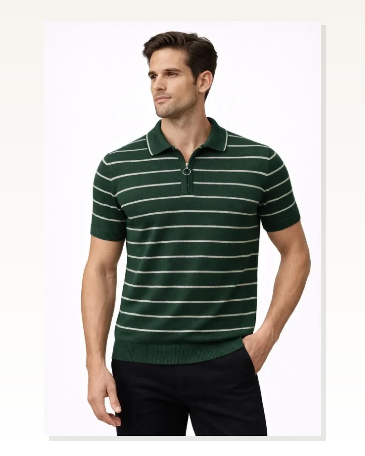 Erkek Triko Polo Yaka Fermuarlı Çizgili Tişört T-Shirt Yazlık Şık - Yeşil Marketplace blank