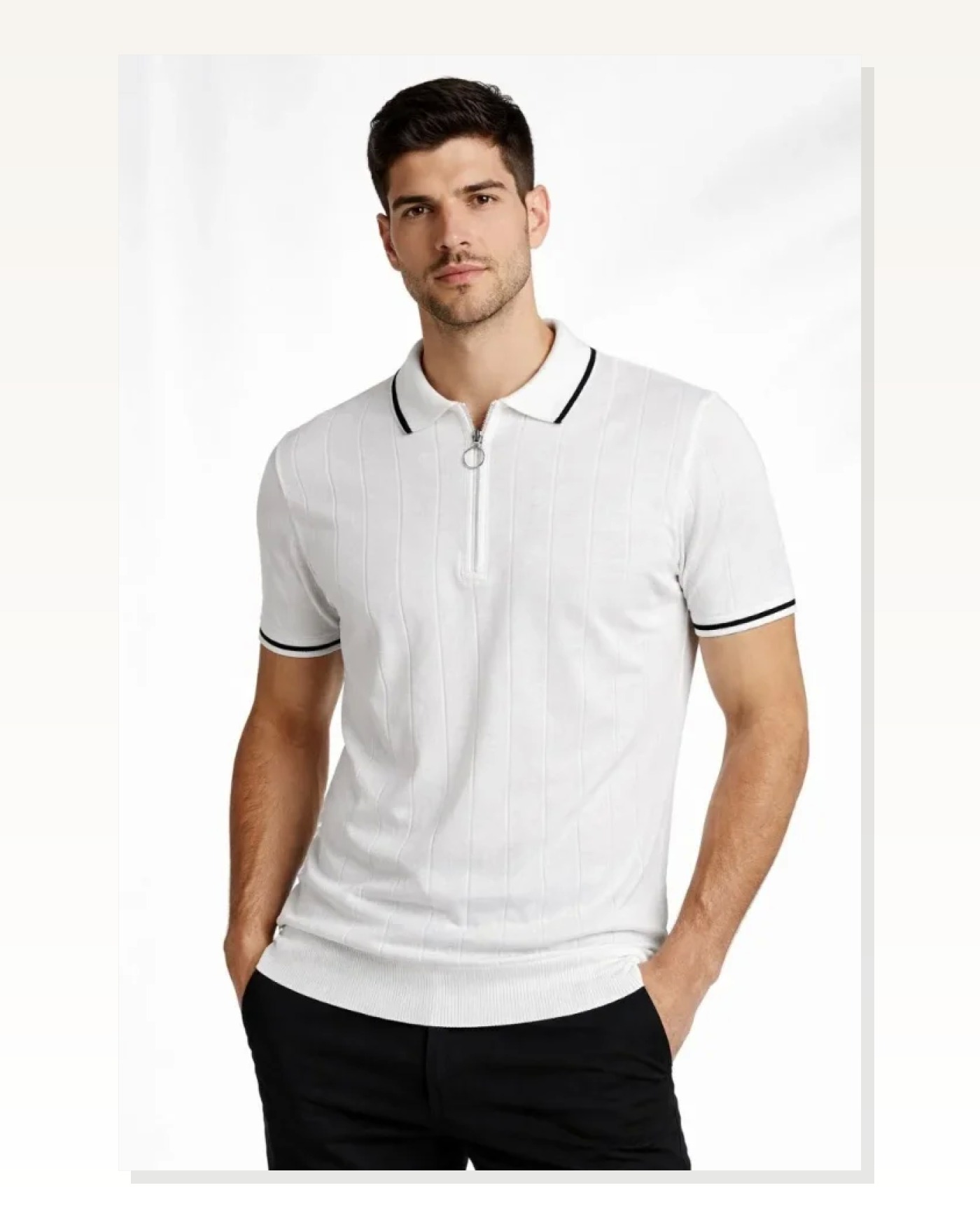 Erkek Günlük Stil Fermuar Yakalı Kısa Kol Tişört 3’lü Set Bej-Beyaz-Siyah Triko Tişört Marketplace blank