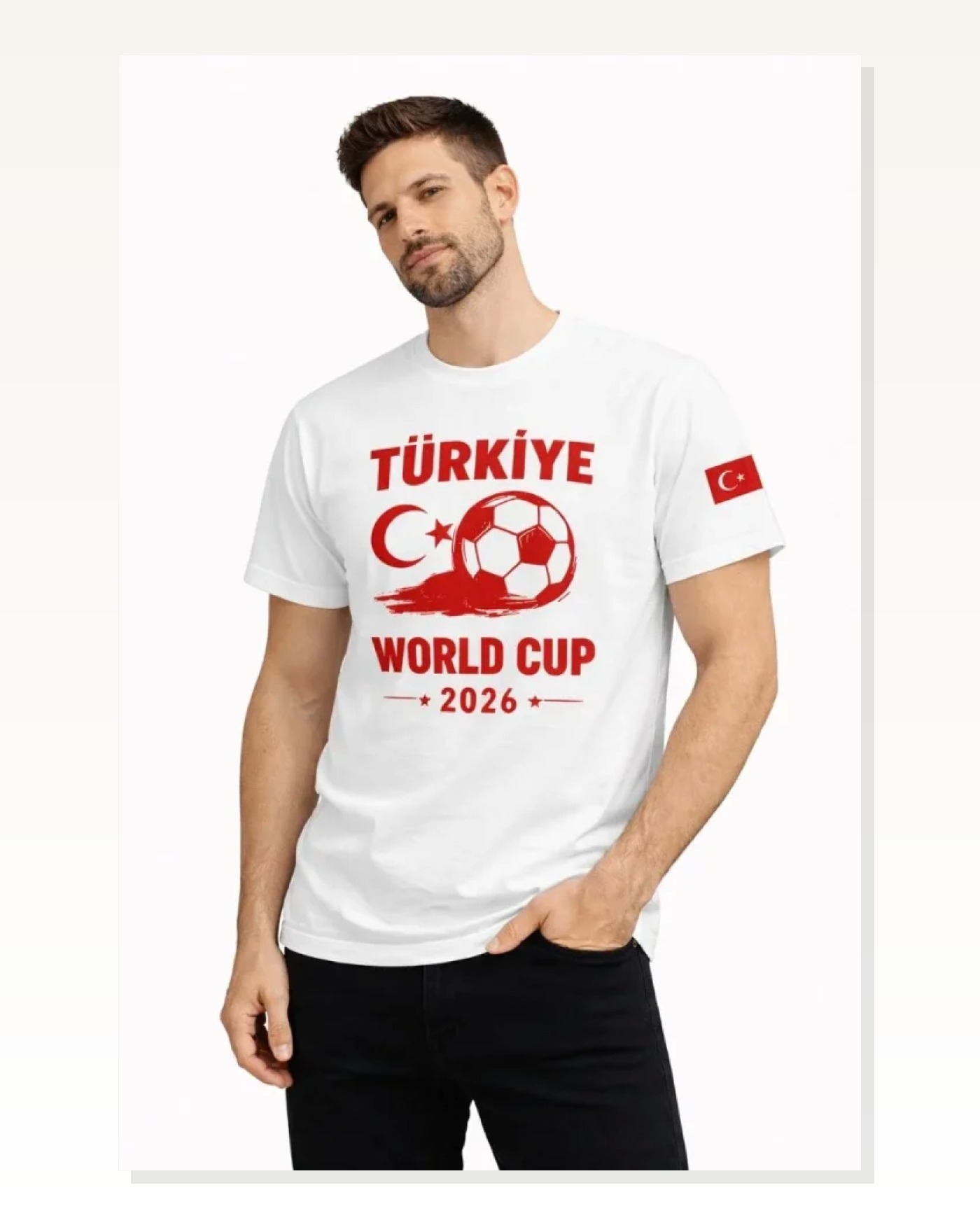 Erkek Türkiye World Cup 2026 Baskılı Tişört Futbol Temalı Forma T-Shirt - Beyaz Marketplace blank