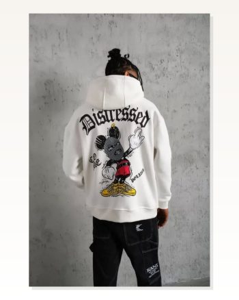 Erkek Üç İplik Şardonlu Sıcak Tutan Beyaz Grafik Baskılı Kapüşonlu Sweatshirt