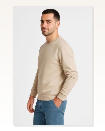 Erkek Üç İplik Şardonlu Sıcak Tutan Bej Bisiklet Yaka Sweatshirt