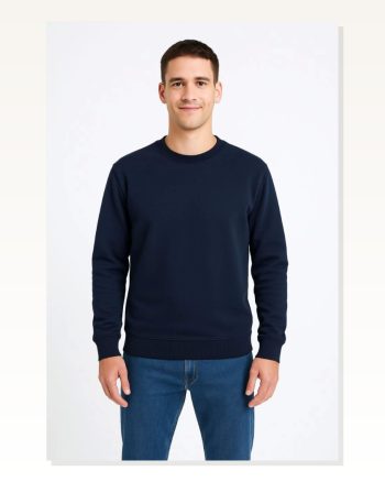 Erkek Günlük Stil Lacivert Üç İplik Düz Bisiklet Yaka Sweatshirt