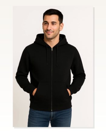 Erkek Sokak Stili Siyah Üç İplik Kapüşonlu Tam Fermuarlı Kanguru Çepli Hoodie Sweatshirt