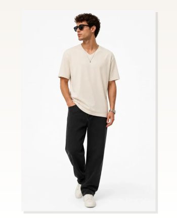 Erkek V Yaka Basic Tişört Kısa Kol Yazlık Regular Fit T-shirt Bej