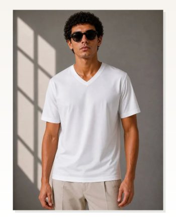 Erkek V Yaka Basic Tişört Kısa Kol Yazlık Regular Fit T-shirt Beyaz