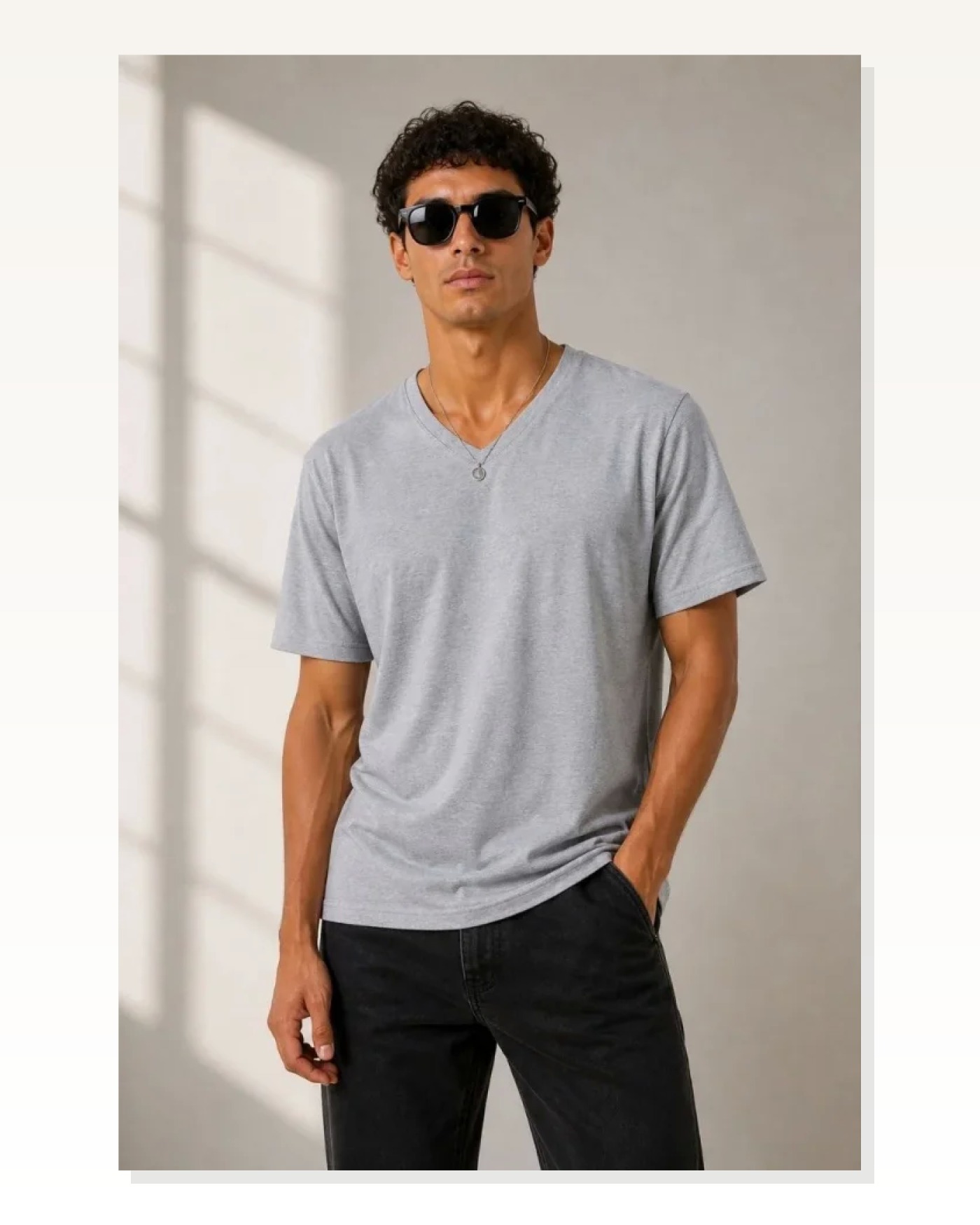 Erkek V Yaka Basic Tişört Kısa Kol Yazlık Regular Fit T-Shirt - Gri Marketplace blank