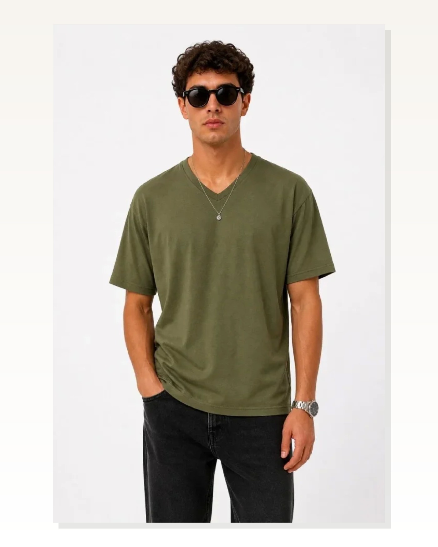 Erkek V Yaka Basic Tişört Kısa Kol Yazlık Regular Fit T-Shirt - Haki Marketplace blank