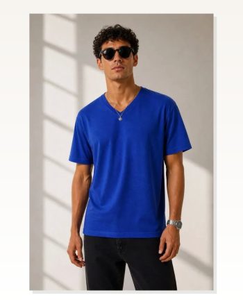 Erkek V Yaka Basic Tişört Kısa Kol Yazlık Regular Fit T-shirt Saks Mavisi