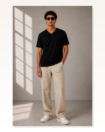 Erkek V Yaka Basic Tişört Kısa Kol Yazlık Regular Fit T-shirt Siyah