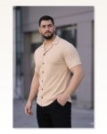 Erkek Waffle Kumaş Bej Kısa Kollu Düğmeli Açık Yaka Regular Fit Gömlek