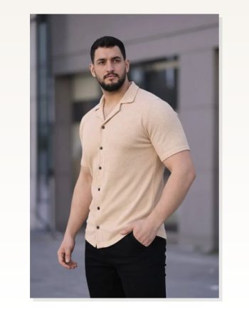 Erkek Waffle Kumaş Bej Kısa Kollu Düğmeli Açık Yaka Regular Fit Gömlek
