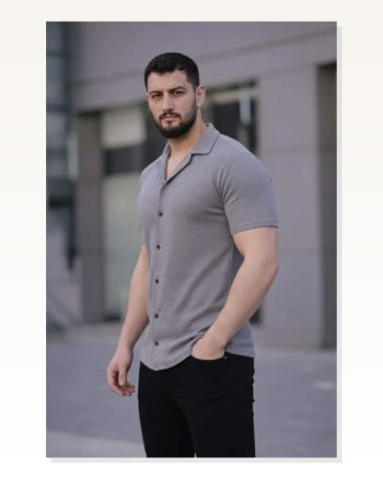 Erkek Waffle Kumaş Gri Kısa Kollu Düğmeli Açık Yaka Regular Fit Gömlek