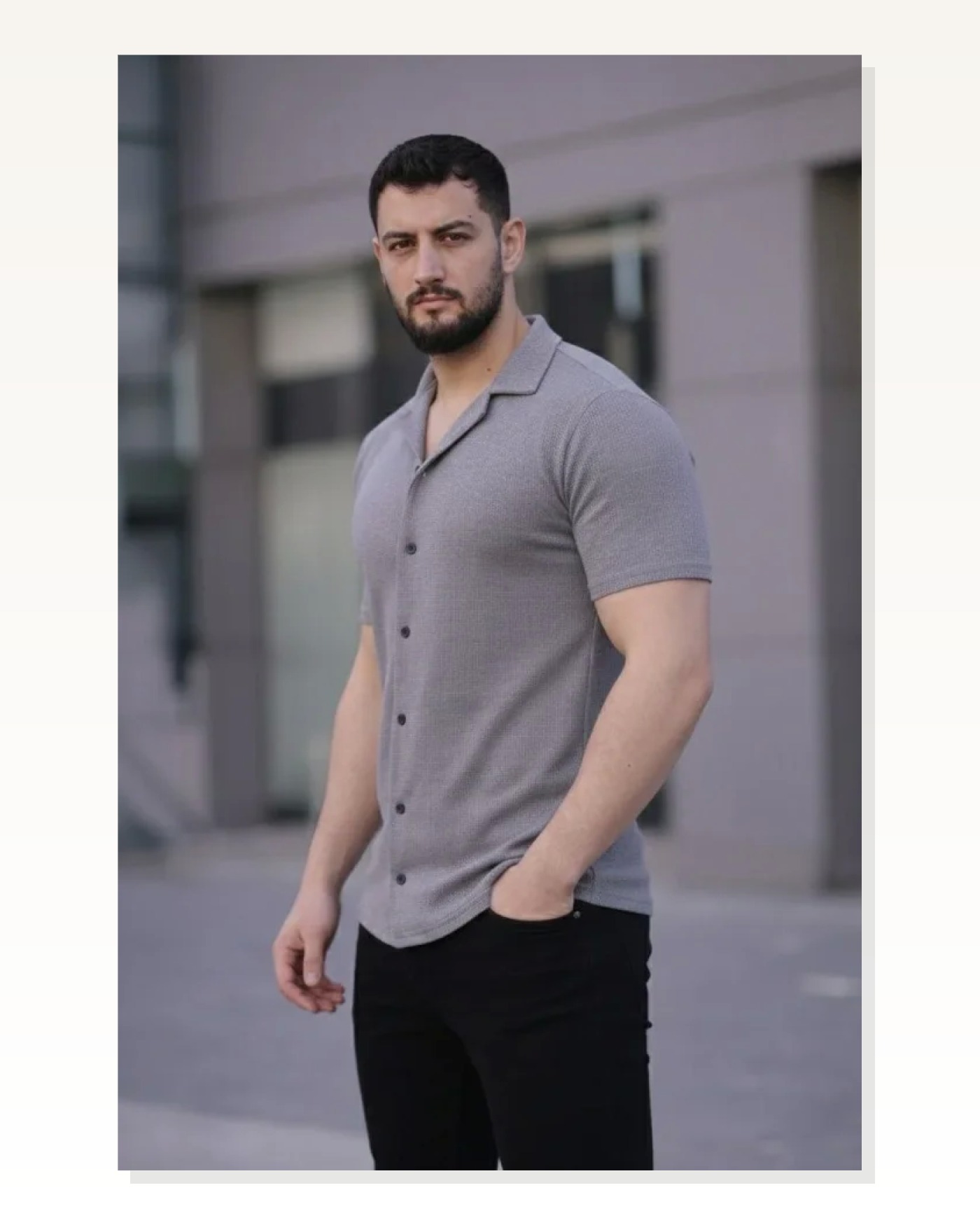 Waffle Kumaş Erkek Günlük Şıklık Gri Kısa Kollu Düğmeli Açık Yaka Regular Fit Gömlek Marketplace blank