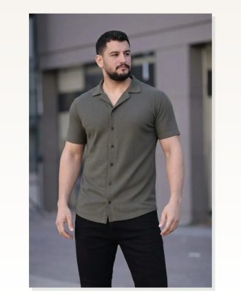 Erkek Waffle Kumaş Haki Kısa Kollu Düğmeli Açık Yaka Regular Fit Gömlek