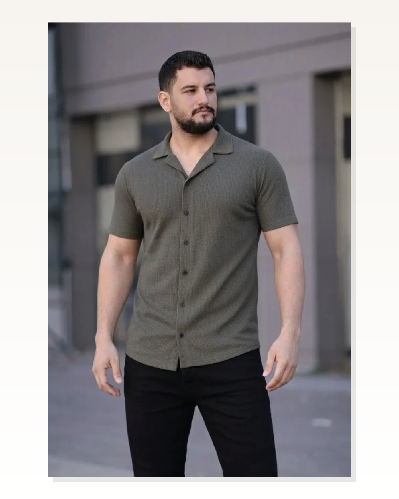 Waffle Kumaş Erkek Günlük Şıklık Haki Kısa Kollu Düğmeli Açık Yaka Regular Fit Gömlek Marketplace blank
