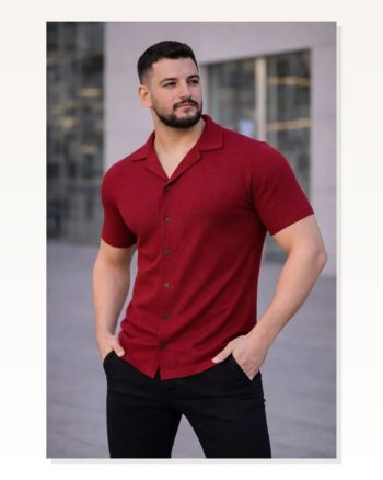 Erkek Waffle Kumaş Kısa Kollu Düğmeli Açık Yaka Regular Fit Gömlek Kırmızı