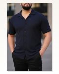 Erkek Waffle Kumaş Lacivert Kısa Kollu Düğmeli Açık Yaka Regular Fit Gömlek