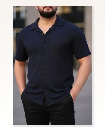 Erkek Waffle Kumaş Lacivert Kısa Kollu Düğmeli Açık Yaka Regular Fit Gömlek