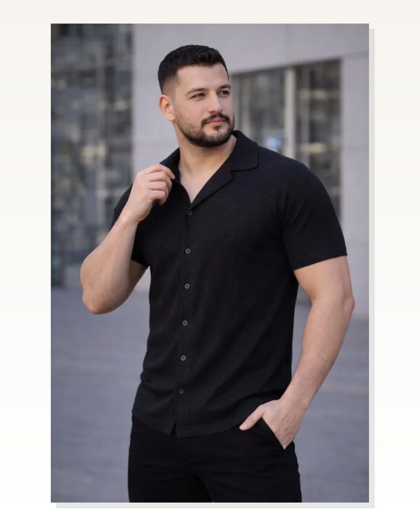 Erkek Waffle Kumaş Kısa Kollu Düğmeli Açık Yaka Regular Fit Gömlek - Siyah Marketplace blank