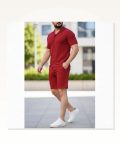 Erkek Waffle Kumaş Bordo Kısa Kollu Gömlek Regular Fit Yazlık İkili Set Şort Takım