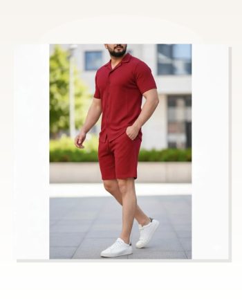 Erkek Waffle Kumaş Bordo Kısa Kollu Gömlek Regular Fit Yazlık İkili Set Şort Takım