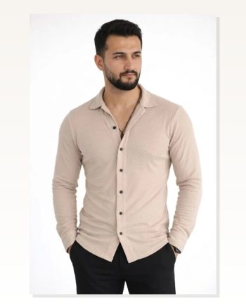 Erkek Waffle Kumaş Bej Uzun Kollu Düğmeli Açık Yaka Regular Fit Gömlek