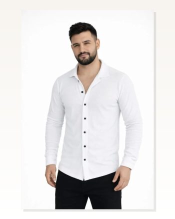 Erkek Waffle Kumaş Beyaz Uzun Kollu Düğmeli Açık Yaka Regular Fit Gömlek