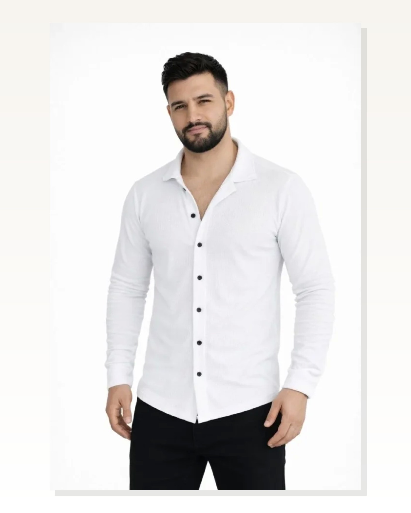 Waffle Kumaş Erkek Günlük Şıklık Beyaz Uzun Kollu Düğmeli Açık Yaka Regular Fit Gömlek Marketplace blank