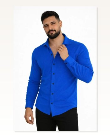 Erkek Waffle Kumaş Saks Mavisi Uzun Kollu Düğmeli Açık Yaka Regular Fit Gömlek