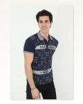 Erkek Baskı Detaylı Fit Duruş Grafik Lacivert Slim Pamuklu Tişört