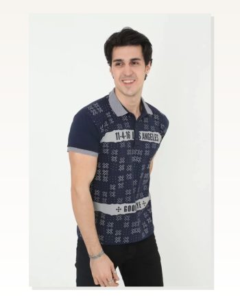 Erkek Baskı Detaylı Fit Duruş Grafik Lacivert Slim Pamuklu Tişört
