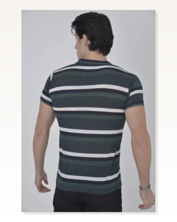 Erkek Fit Duruş İnce Çizgili Haki Yeşil Yakalı Slim Dokuma Tişört