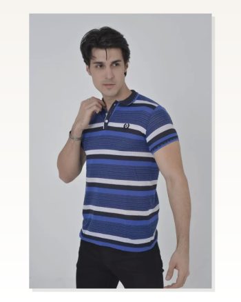 Erkek Fit Duruş İnce Çizgili Deniz Mavisi Yakalı Slim Dokuma Tişört