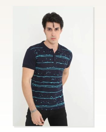 Erkek Yakalı Slim Fit Pike Çizgili T-shirt Lacivert