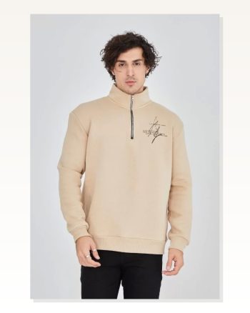 Erkek Tipografik Baskılı Günlük Stil Bej Tonlu Yarım Fermuarlı Sweatshirt