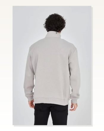 Erkek Baskılı Günlük Stil Boyalı Efektli Gri Yarım Fermuarlı Sweatshirt