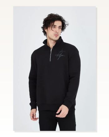 Erkek Baskılı Günlük Stil Siyah Yarım Fermuarlı Sweatshirt