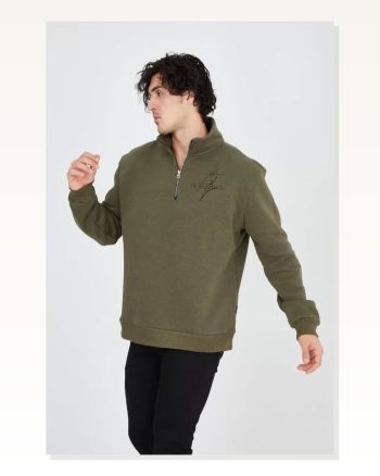 Erkek Baskılı Günlük Stil Çimen Yeşili Yarım Fermuarlı Sweatshirt