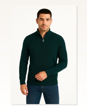 Erkek Selanik Örgü Haki Dik Yaka, Pamuklu Dokuma, Regular Fit Uzun Kollu Kışlık Model Yarım Fermuarlı Triko