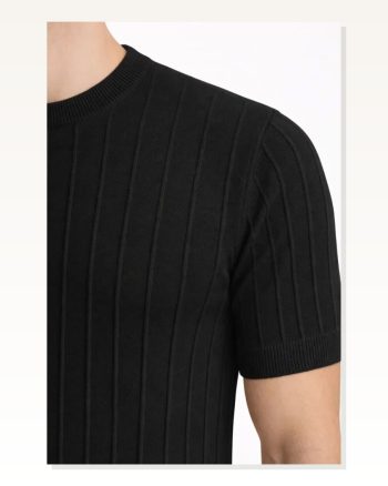 Erkek Günlük Stil Siyah Yazlık Fitilli Kısa Kol Bisiklet Yaka Tişört Triko