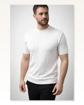 Erkek Yazlık Triko Dokuma Tişört Kısa Kol Bisiklet Yaka Örgü Desenli T-shirt Beyaz